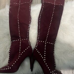 Yoki Burgundy Over the Knee Studded Boots